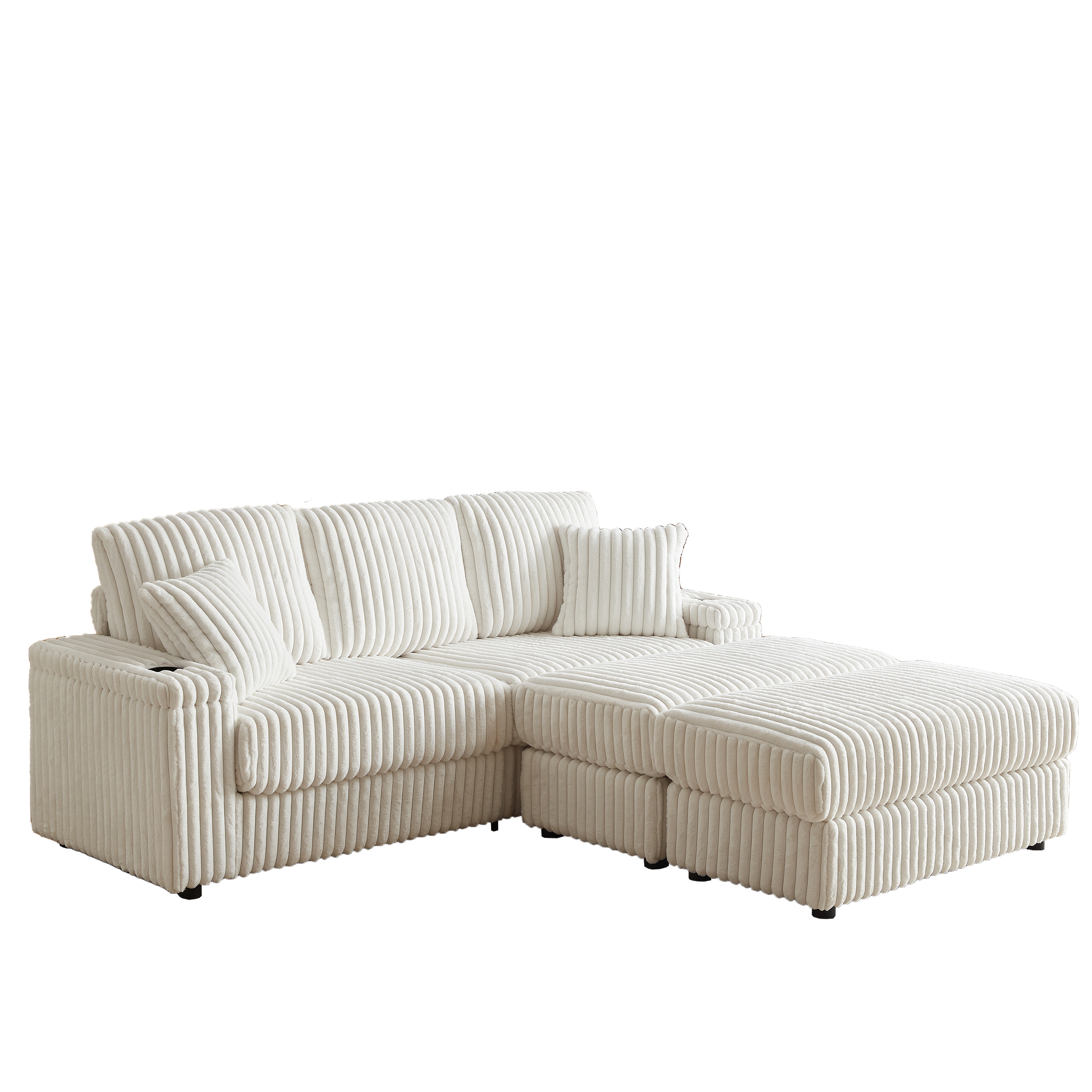 84Inch Corduroy 3-seater sofa With 3 back pillows,2 toss pillows, 2 ottoman,2 Footstool Storage and cup-holding grooves Comfy Sofa- Deep Seat Couch for Living Room image 8