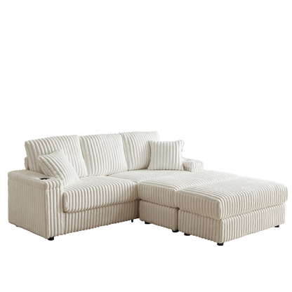 84Inch Corduroy 3-seater sofa With 3 back pillows,2 toss pillows, 2 ottoman,2 Footstool Storage and cup-holding grooves Comfy Sofa- Deep Seat Couch for Living Room image 8