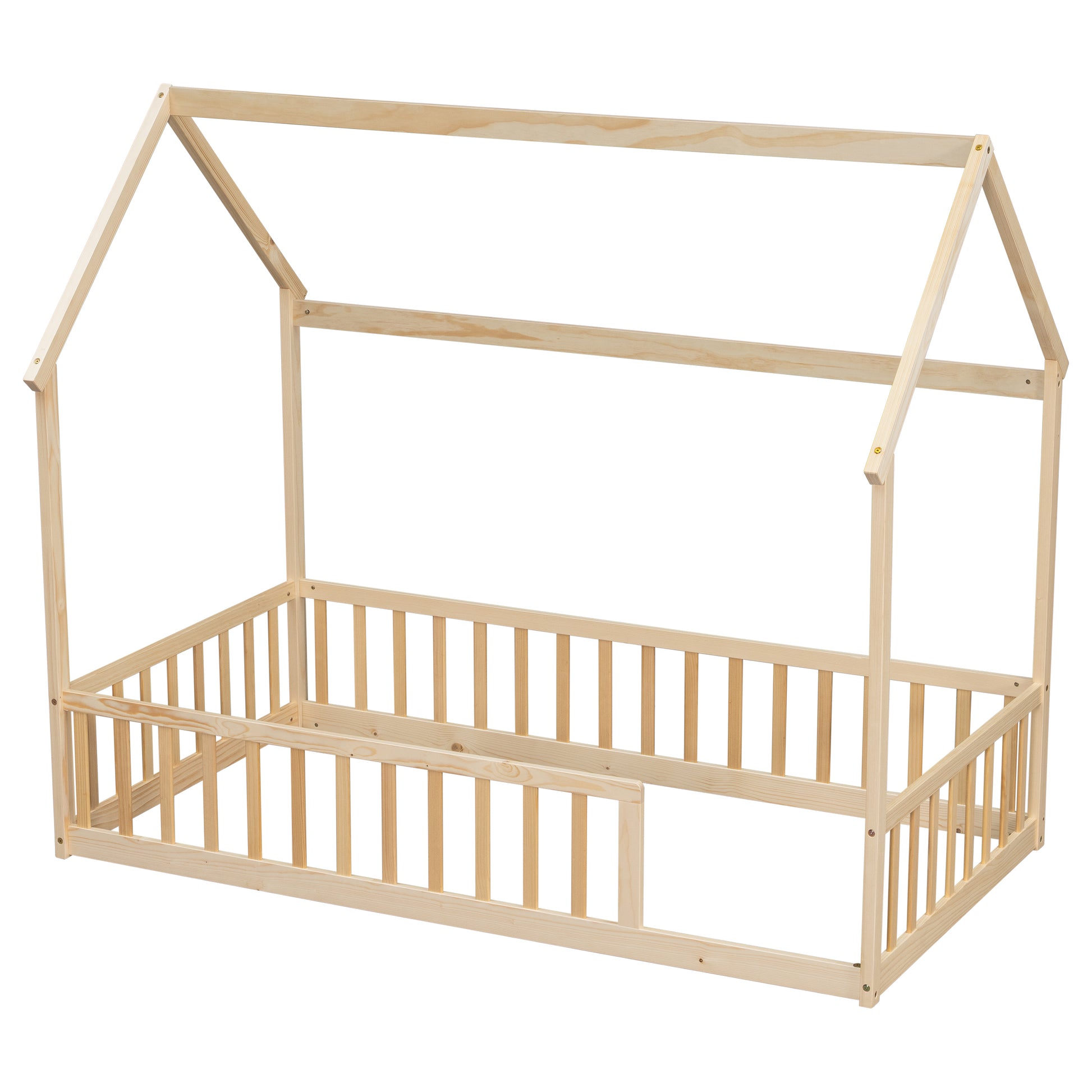 Twin Size House Floor Bed with Roof Frame,Pine Wood Floor Bed with Safety Guardrails,Natural image 8