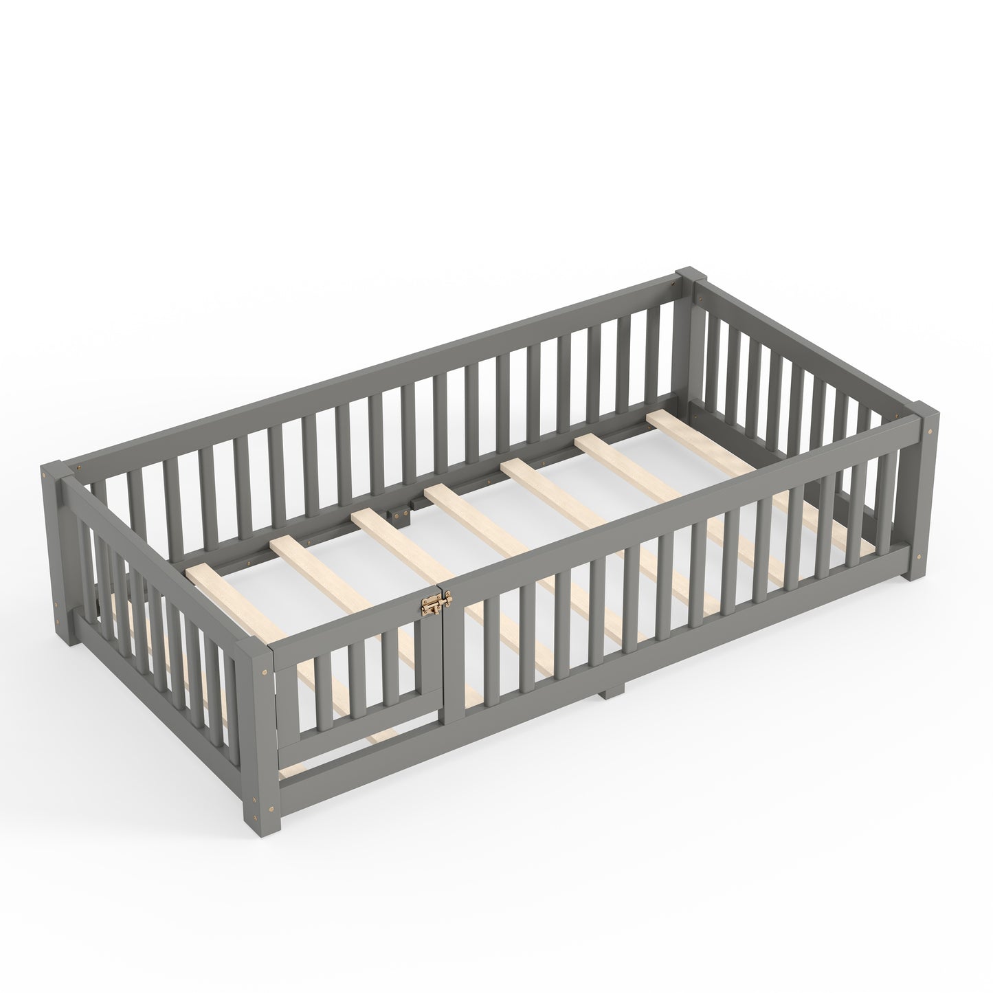 Twin Size Bed Floor Bed with Safety Guardrails and Door for Kids, Gray image 8