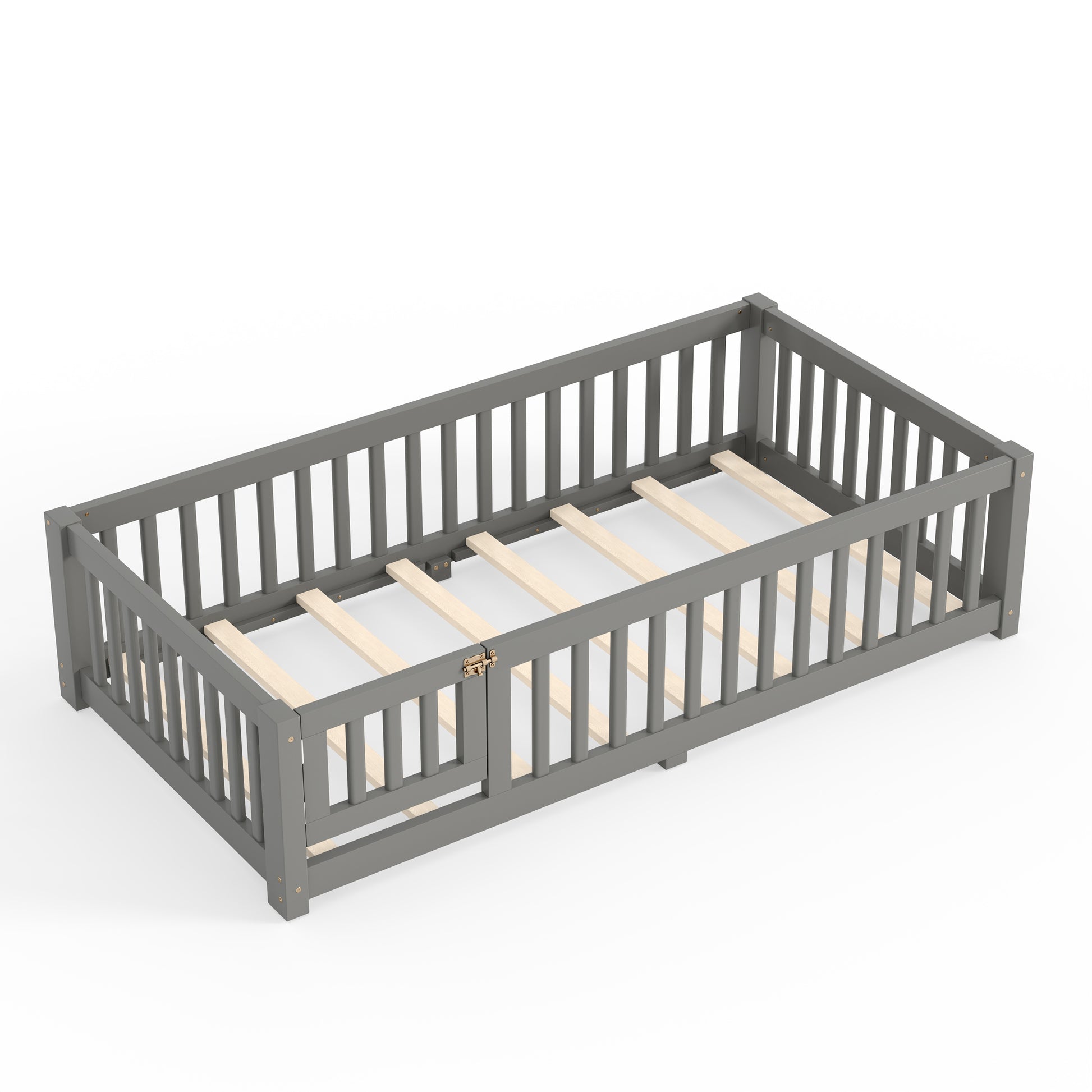 Twin Size Bed Floor Bed with Safety Guardrails and Door for Kids, Gray image 8