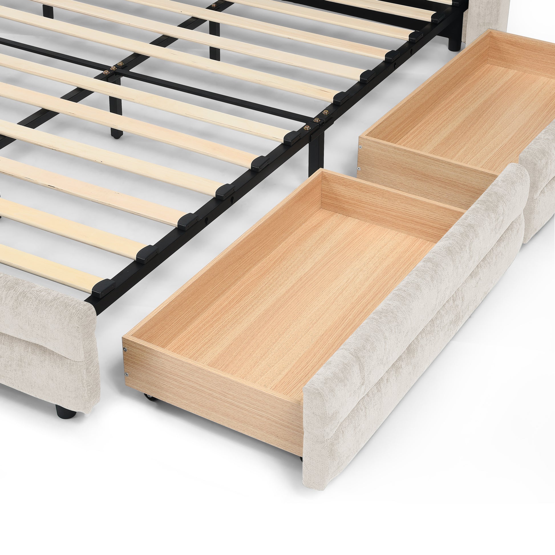 King Size Upholstered Bed Frame with Thick Fabric, comfortable upholstered bed frame, Chenille fabric, with headboard and solid bed frame. With drawer for storage-Beige(86.5''*84''*29.5'') image 12