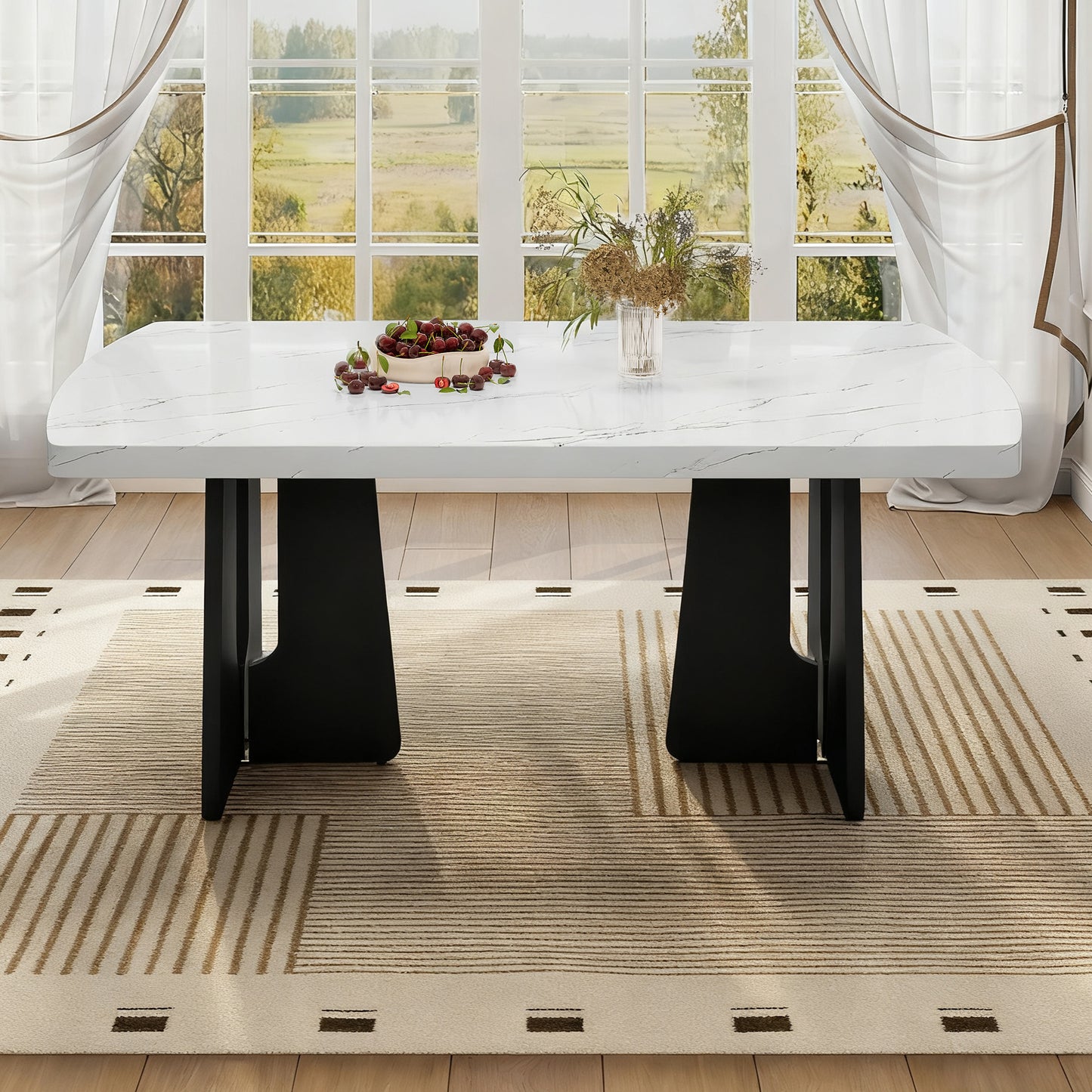 63" Modern Faux Marble Dining Table - Black/White Marble Top with Sturdy Geometric Legs, Stylish Kitchen & Dining Room Table for Home, Apartment, Office, Easy to Assemble, White+Black image 2