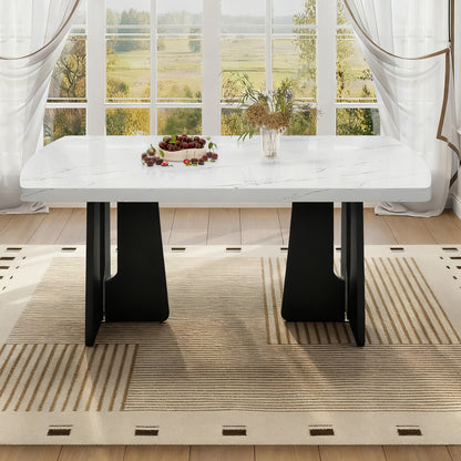 63" Modern Faux Marble Dining Table - Black/White Marble Top with Sturdy Geometric Legs, Stylish Kitchen & Dining Room Table for Home, Apartment, Office, Easy to Assemble, White+Black image 2