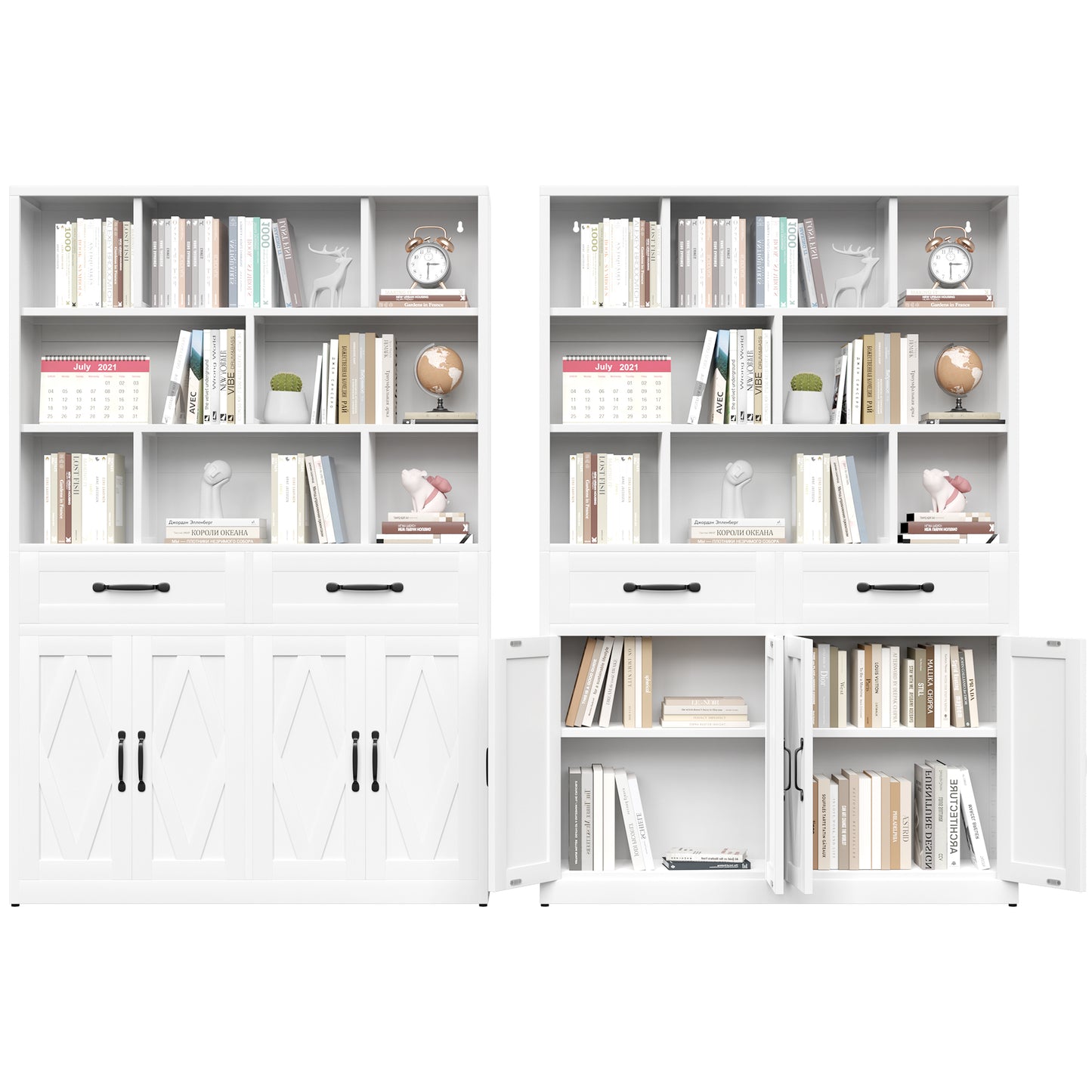 71" H Metal Bookcase with 2 Doors & 2 Drawers, Tall Storage Cabinet with Fixed Open Shelves for Home Office, Living Room, Modern Bookshelf, White image 9