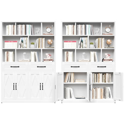 71" H Metal Bookcase with 2 Doors & 2 Drawers, Tall Storage Cabinet with Fixed Open Shelves for Home Office, Living Room, Modern Bookshelf, White image 9