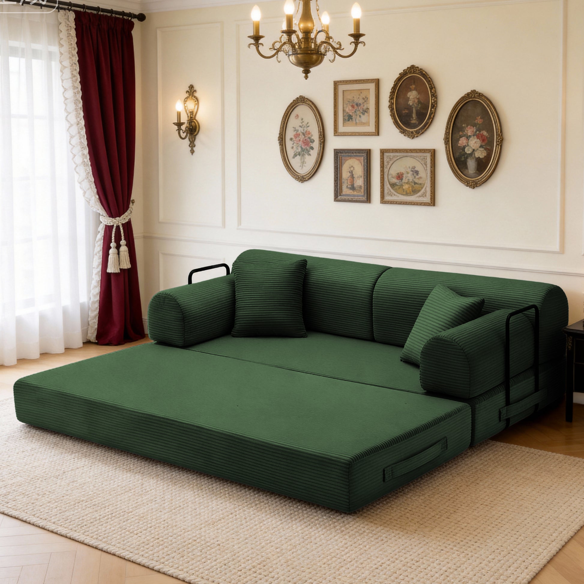 Convertible Sleeper Sofa Bed,Corduroy Folding Mattress Couch with Fixed-Shape Frame, Floor Sofa Lounge Couch for Living Room Bedroom(Green) image 3