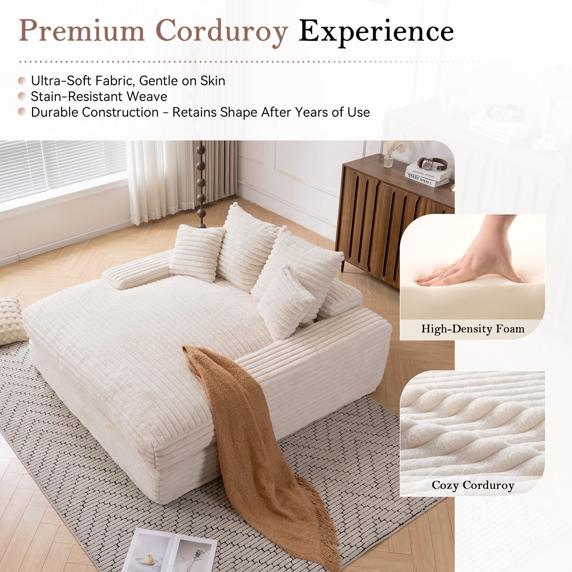028-Oversized chaise Lounge chair, Upholstered Sleeper Sofa Bed with 4 Throw Pillows and Armrests, Corduroy Fabric Plush Lounge Chair Bed for Living Room, Apartment & Small Spaces, Beige image 5