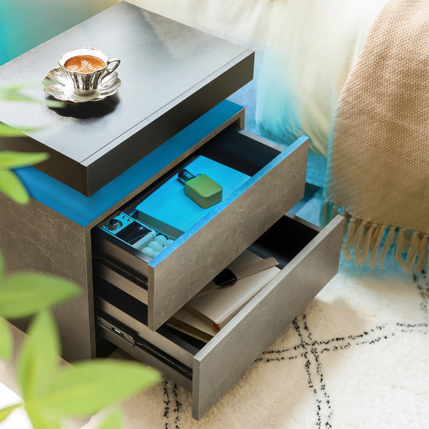 Nightstand LED Bedside Table Cabinet Lights Modern End Side with 2 Drawers for Bedroom (Black+Gray) image 3