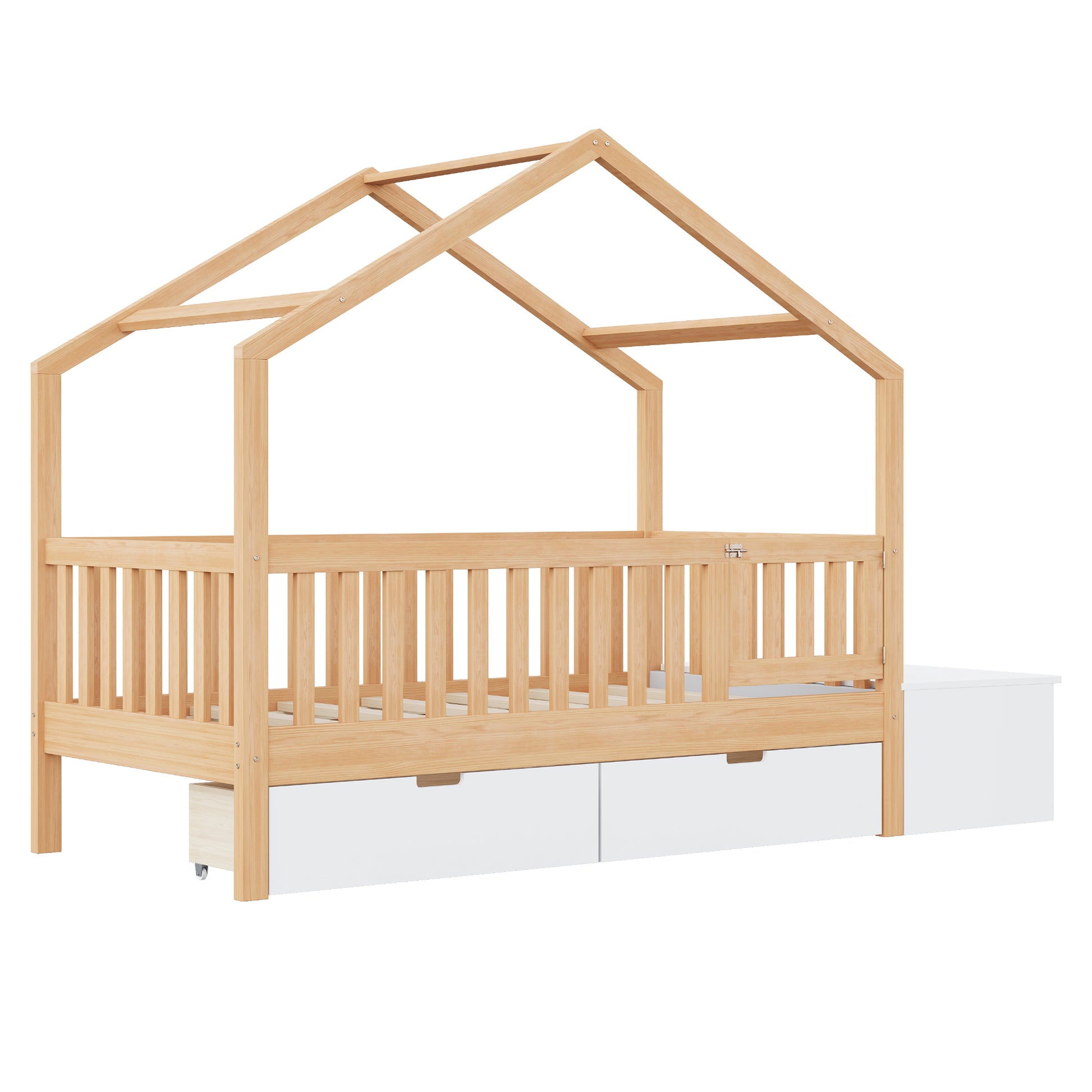 Toddler Bed with Storage Drawers & Lift-Top Chest, Solid Wood Bed with Safety Railings & Gate, Playhouse Bed Frame for Kids, Compatible with standard US toddler mattresses, Natural Wood & White image 7