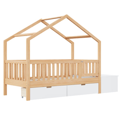 Toddler Bed with Storage Drawers & Lift-Top Chest, Solid Wood Bed with Safety Railings & Gate, Playhouse Bed Frame for Kids, Compatible with standard US toddler mattresses, Natural Wood & White image 7