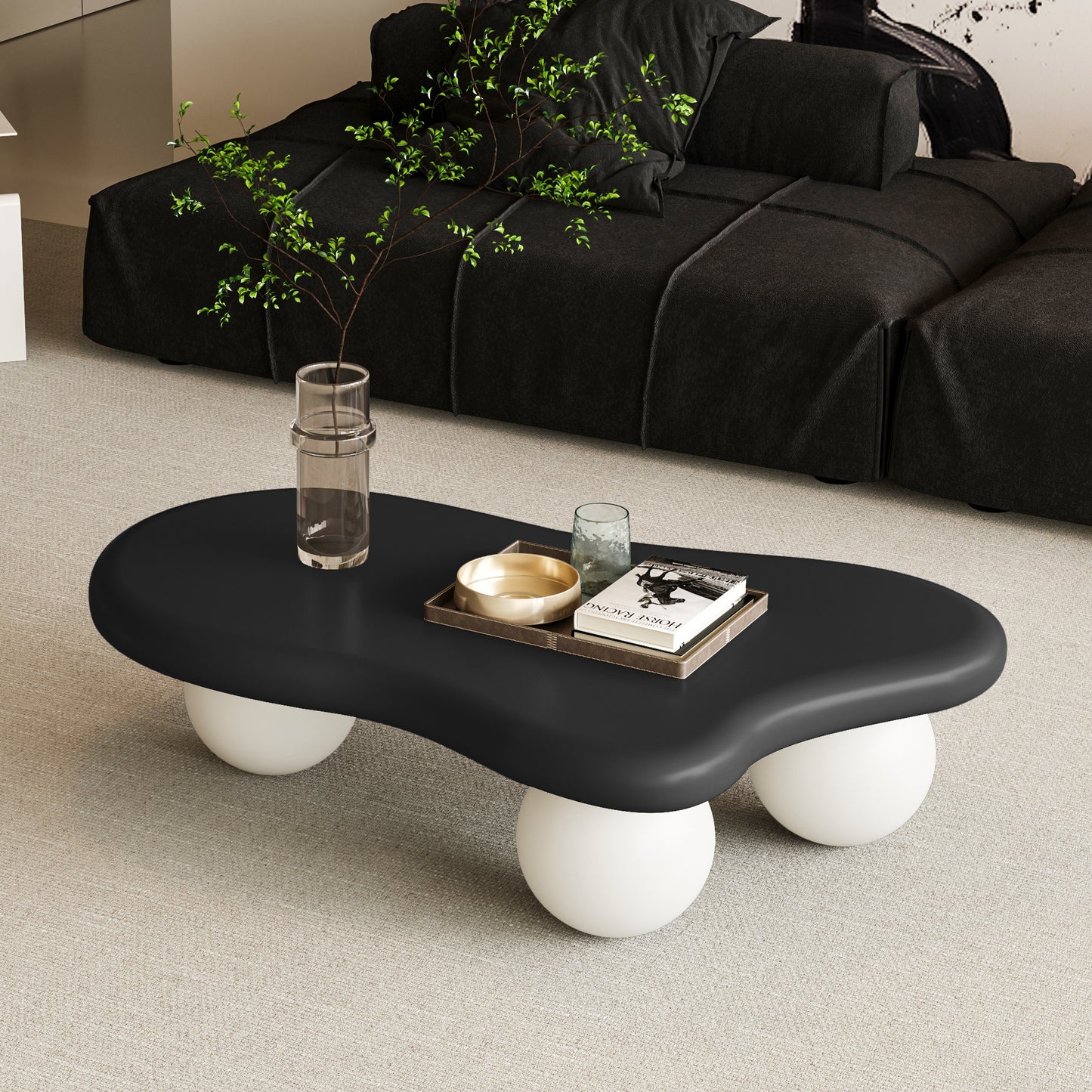 40 Inch Cloud Shaped Coffee Table with 3 Ball Legs for Living Room, Black Top White Legs image 3