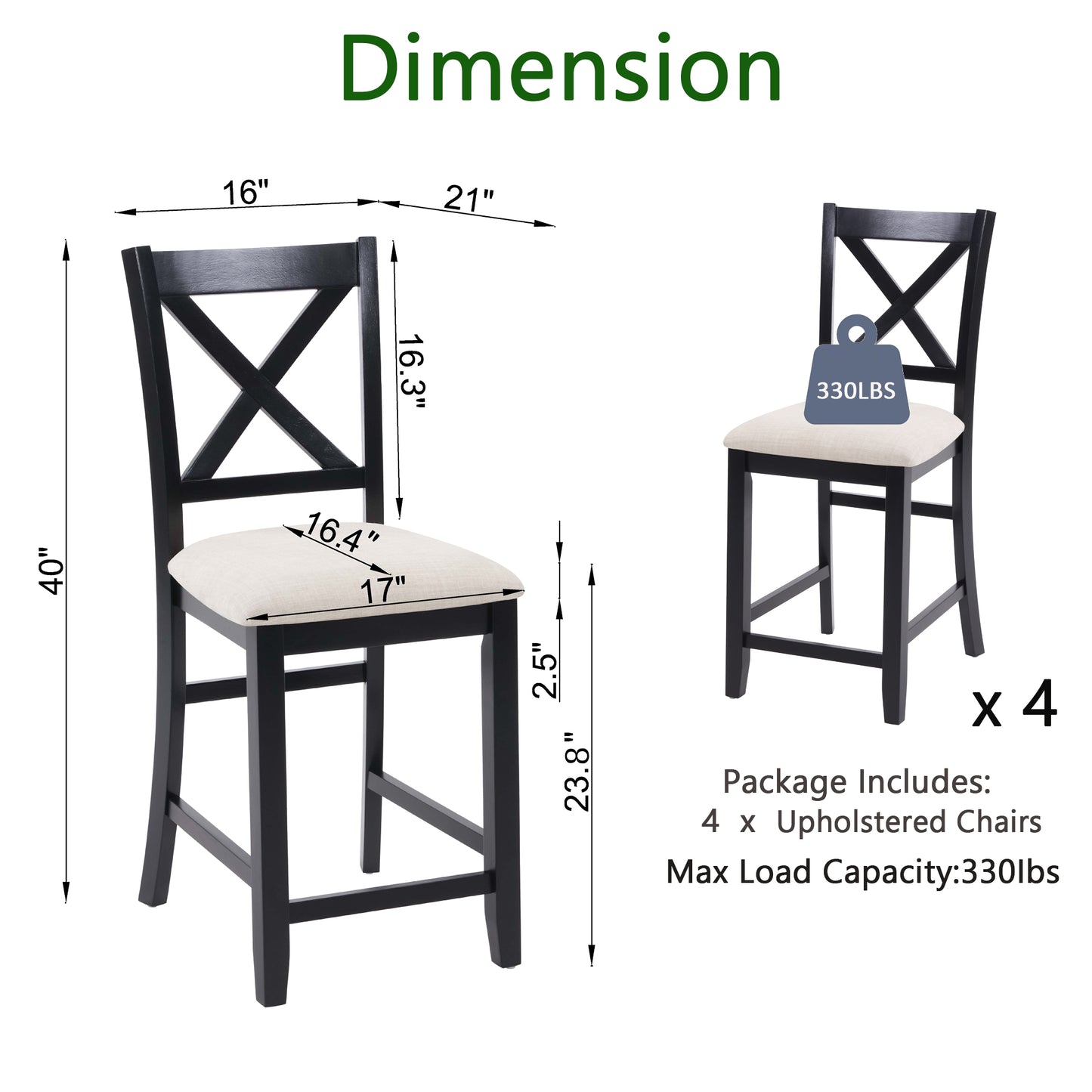 Dining Chairs Only, Wooden Counter Height Dining Chairs Set of 4, Kitchen Chair with Padded Seat, Upholstered Side Chair for Dining Room, Living Room, Kitchen, Black & Beige two tone image 8