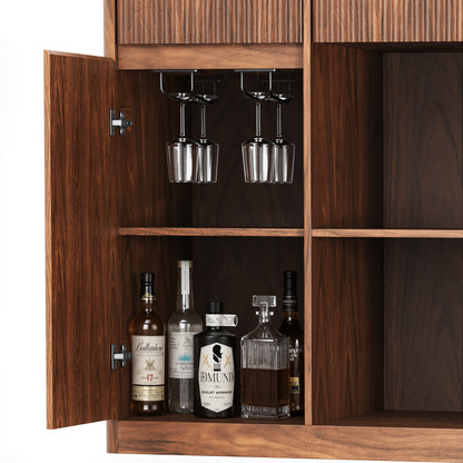 53.2"Fluted Buffet Wine Cabinet with Mini Fridge Nook(Fridge Not Included), Charging Station&Adjustable Shelves, Sideboard Storage Cabinet for Kitchen Living Room,Walnut image 4