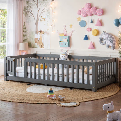 Twin Size Bed Floor Bed with Safety Guardrails and Door for Kids, Gray image 3