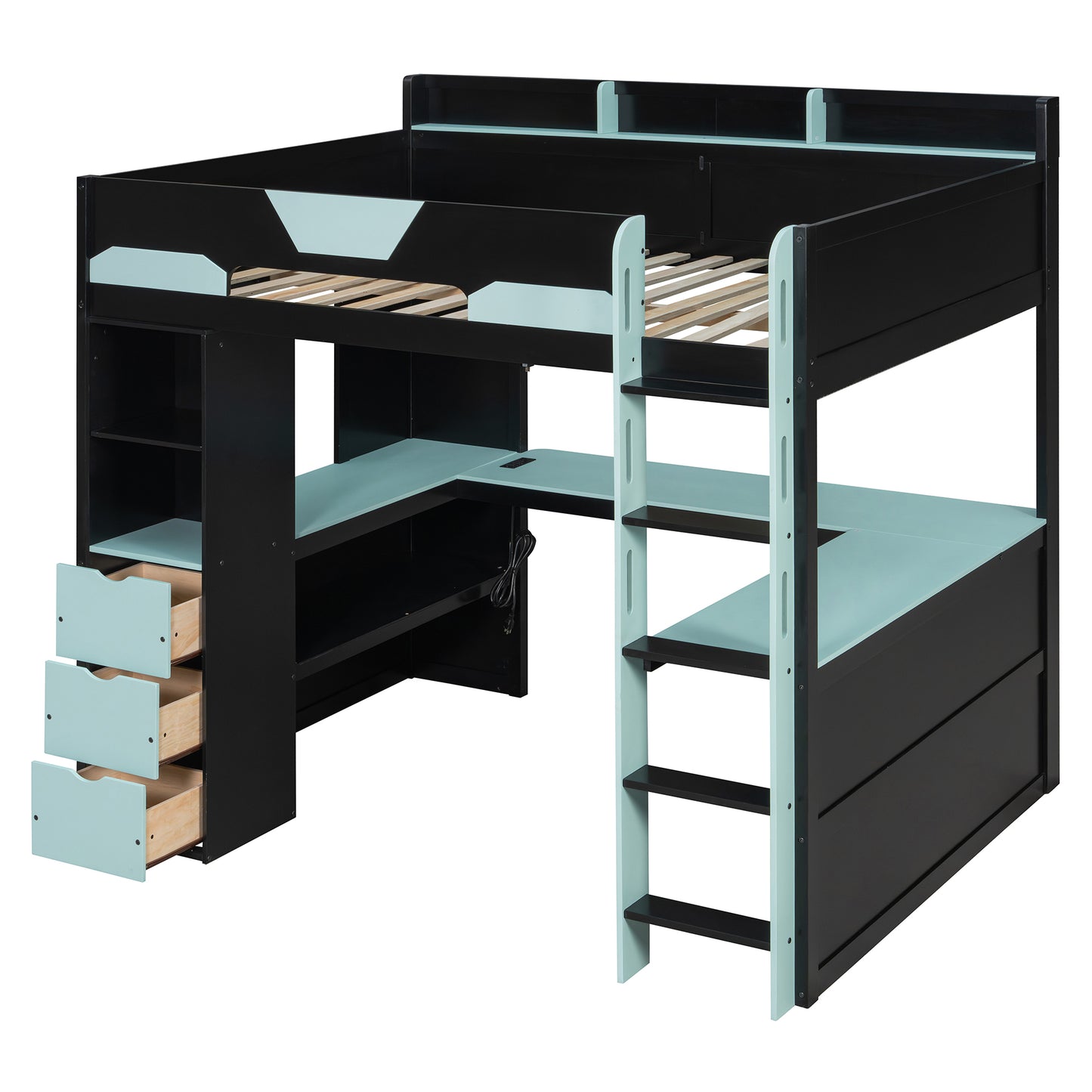 Full Size Wooden Gaming Loft Bed with U-Shaped Desk, Smart RGB LED Lights and USB Ports, Multi-Functional High Sleeper with 3 Drawers and Storage Shelves for Teens Adults, Black+Blue image 6