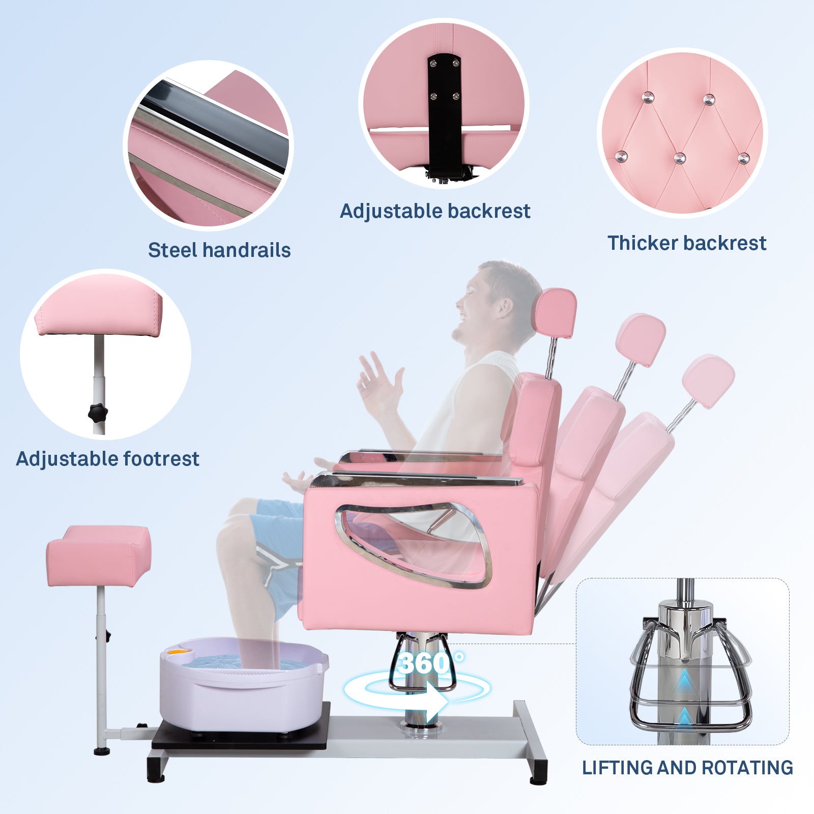 Pedicure Chair No Plumbing,Reclining Pedicure Station Unit with Adjustable Height and 360 Swivel,Hydraulic Foot Spa Chiar with Footrest and Massage Foot Bath, Pink image 5
