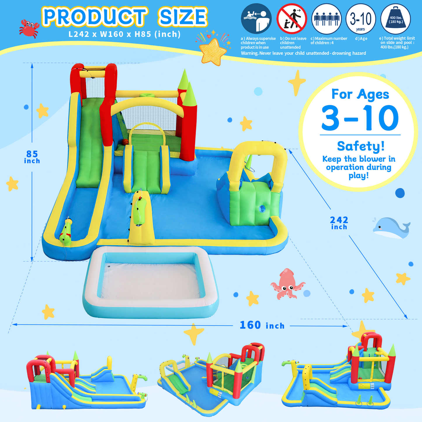 11 in1 Inflatable Slide Water Park Dry and Wet Slides Large Pool Water Gun Trampoline Climbing Wall Basketball Hoop and Ring Toss Game Outdoor Indoor Backyard Party Bounce Castle for Kids image 2