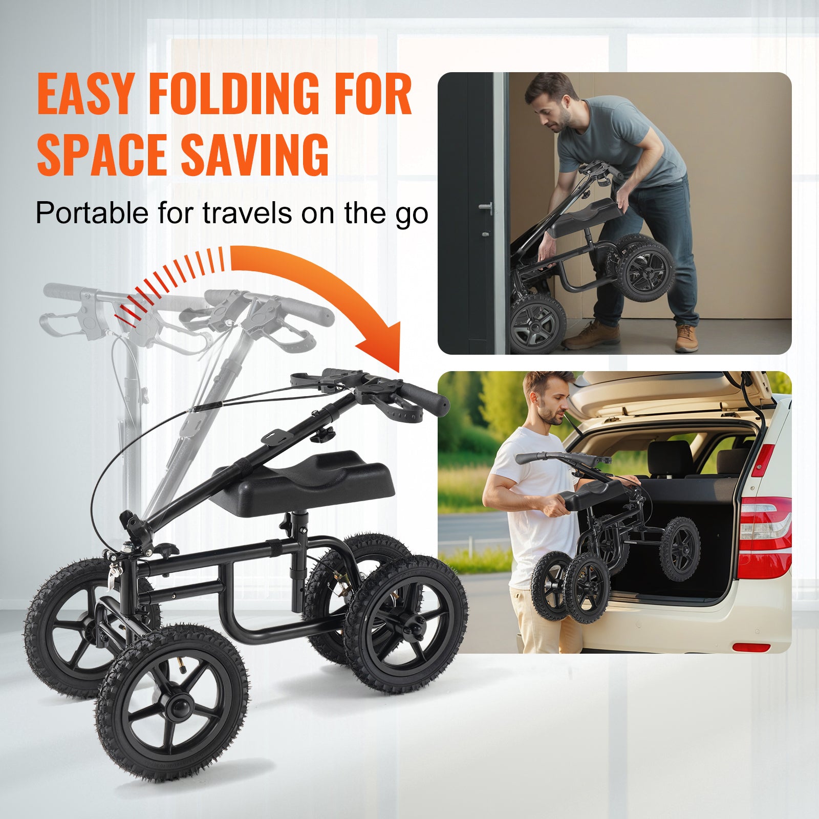 Folding Knee Scooter, Carbon Steel Steerable Knee Walker with Height-Adjustable Handlebar & Knee Pad, 12" All-Terrain Wheel, Dual Brakes, Leg Recovery Scooter for Injured Ankle Foot Knee, 350LBS image 5