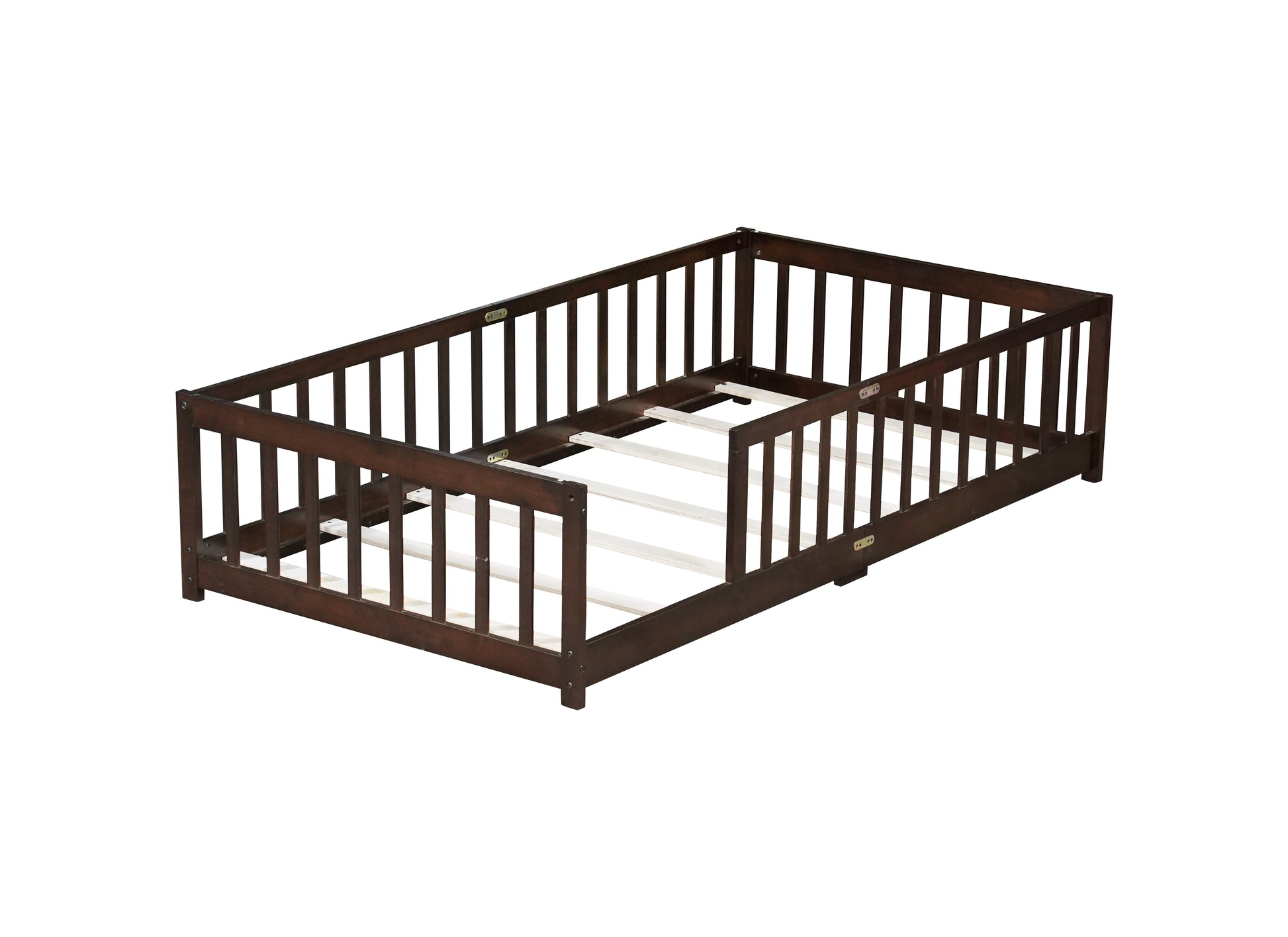 Twin Size Floor Bed with Fence without Door, Rubber Wood Floor Bed with Safety Guardrails,Espresso (Old Sku W504P286398) image 10