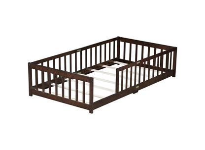 Twin Size Floor Bed with Fence without Door, Rubber Wood Floor Bed with Safety Guardrails,Espresso (Old Sku W504P286398) image 10
