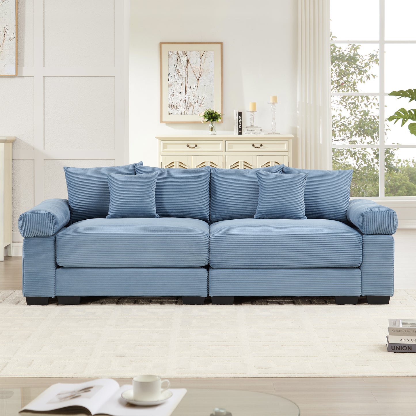 92" Oversized Cloud Modular Sectional Couch,Corduroy Fabric Extra-Wide Armrests Throw Pillows Ergonomic Design High Resilience Cushion Easy Assembly,For Living Rooms Bedrooms, Blue image 3
