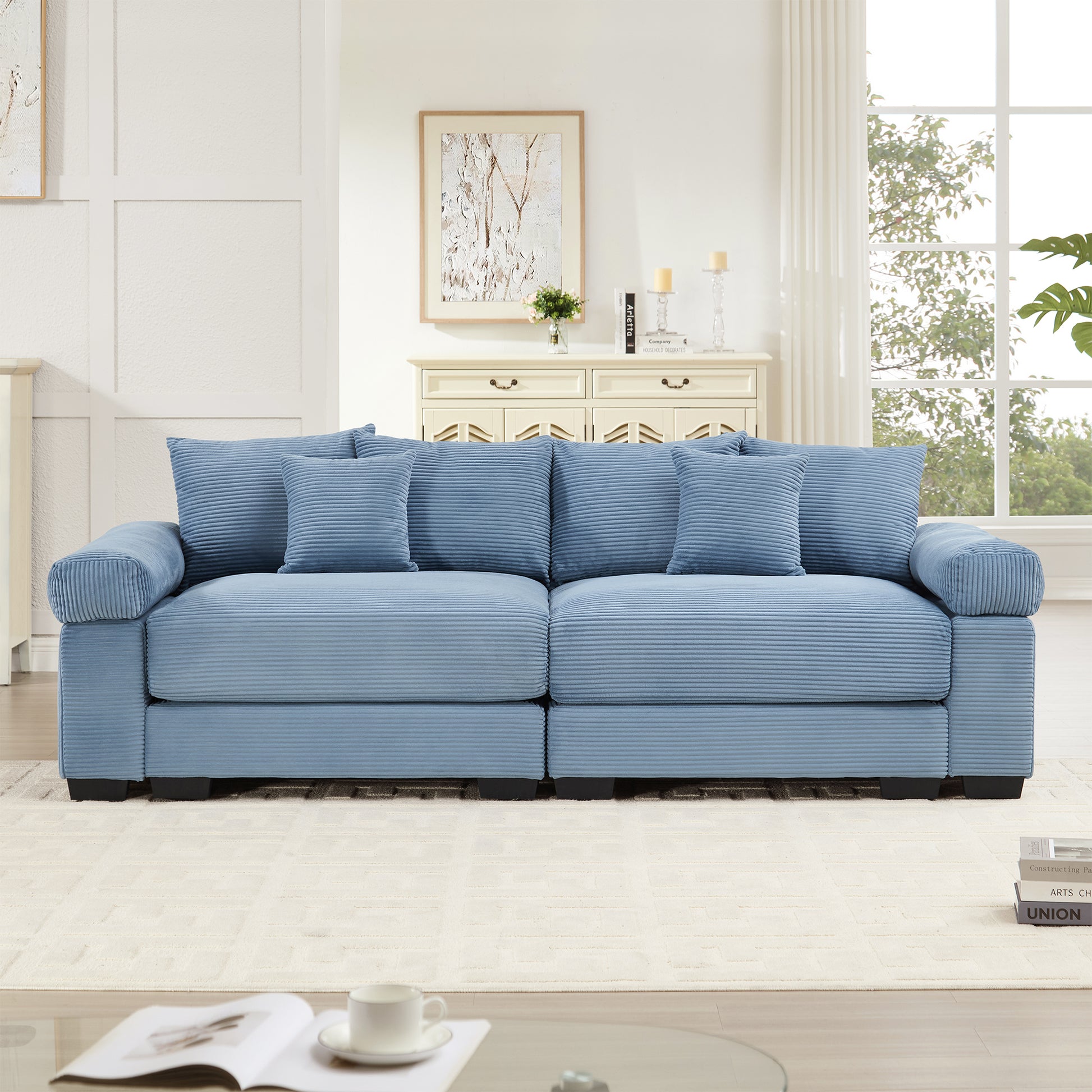 92" Oversized Cloud Modular Sectional Couch,Corduroy Fabric Extra-Wide Armrests Throw Pillows Ergonomic Design High Resilience Cushion Easy Assembly,For Living Rooms Bedrooms, Blue image 3