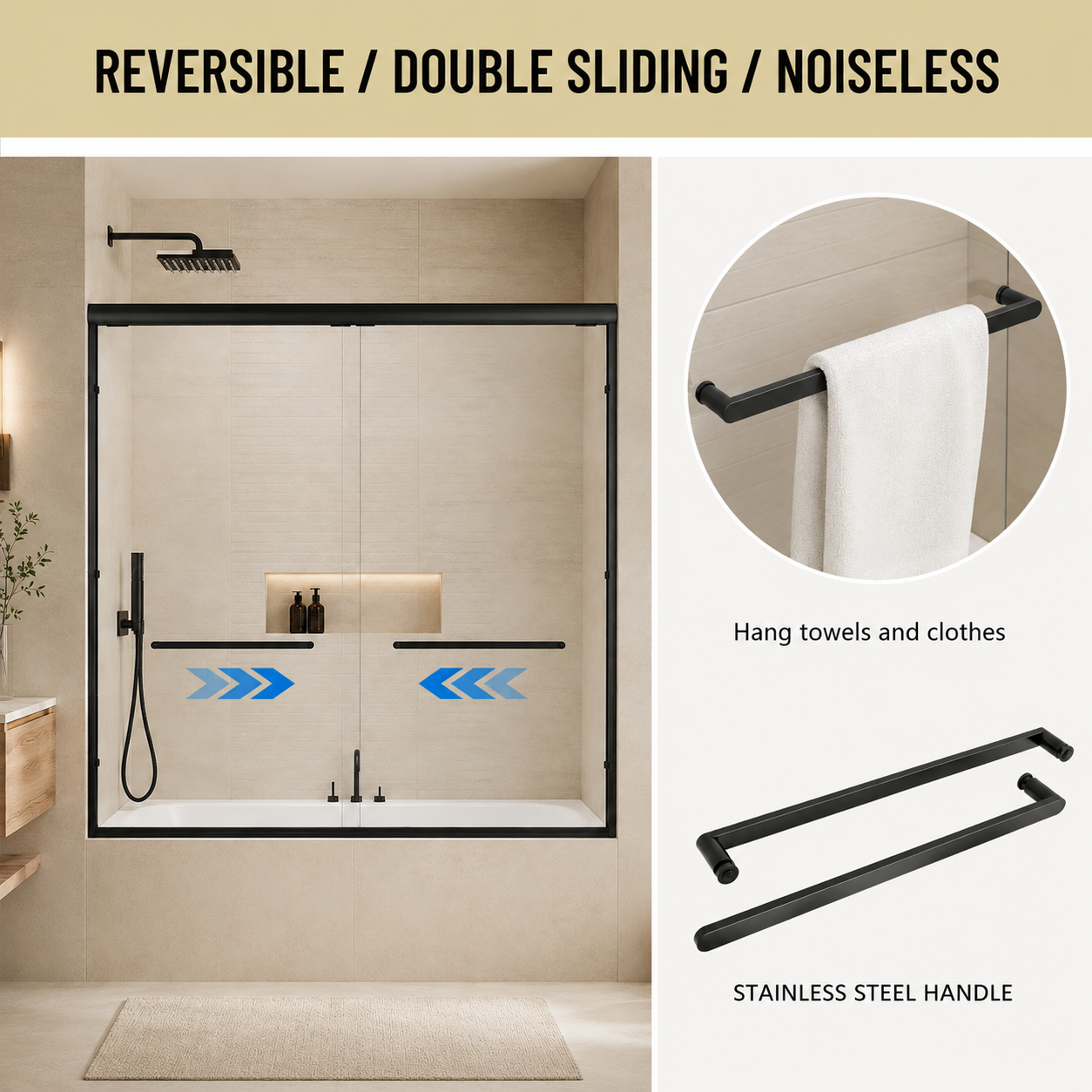 56-60" W x 57" H Framed Double Sliding Bathtub Door, 1/4" (6mm) Clear Tempered Glass with Safety Film and Nano Coating, Waterproof Seals, Matte Black image 2