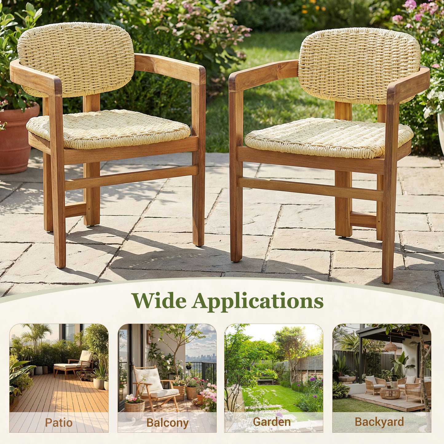 Outdoor Woven Rattan Chair Set Two Accent Chairs Stylish Outdoor Armchairs 2 Person Seating Group Ergonomic Garden Chairs for Patio, Outdoor, Teak Finish+Natural Rattan image 6