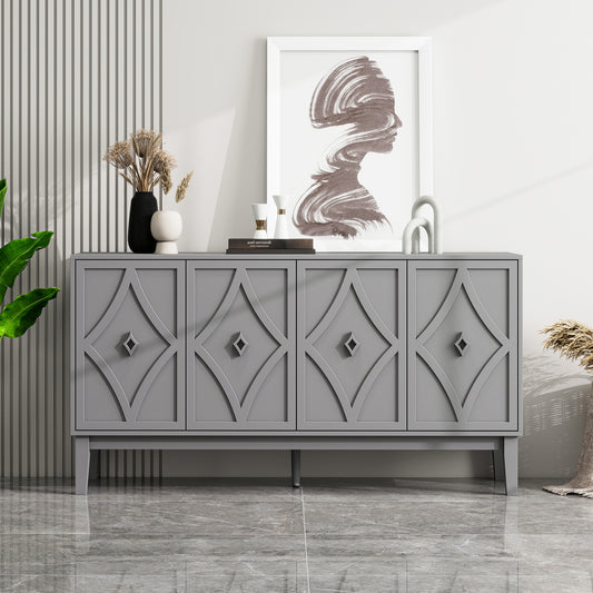 4-door vintage storage cabinet with hand-carved geometric doors and black oak finish - front view