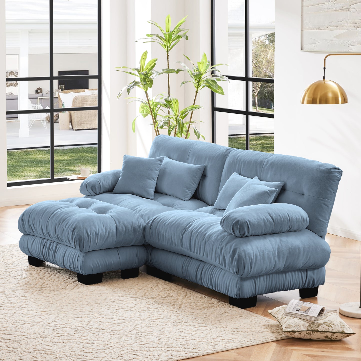Cloud Couch Sectional Sofa for Living Room, Chenille 2 Seater Sofa with 2 Lumbar pillows and 2 throw pillows, Upholstered Wide Arm Sofa with Convertible Ottoman,Chenille Blue image 2