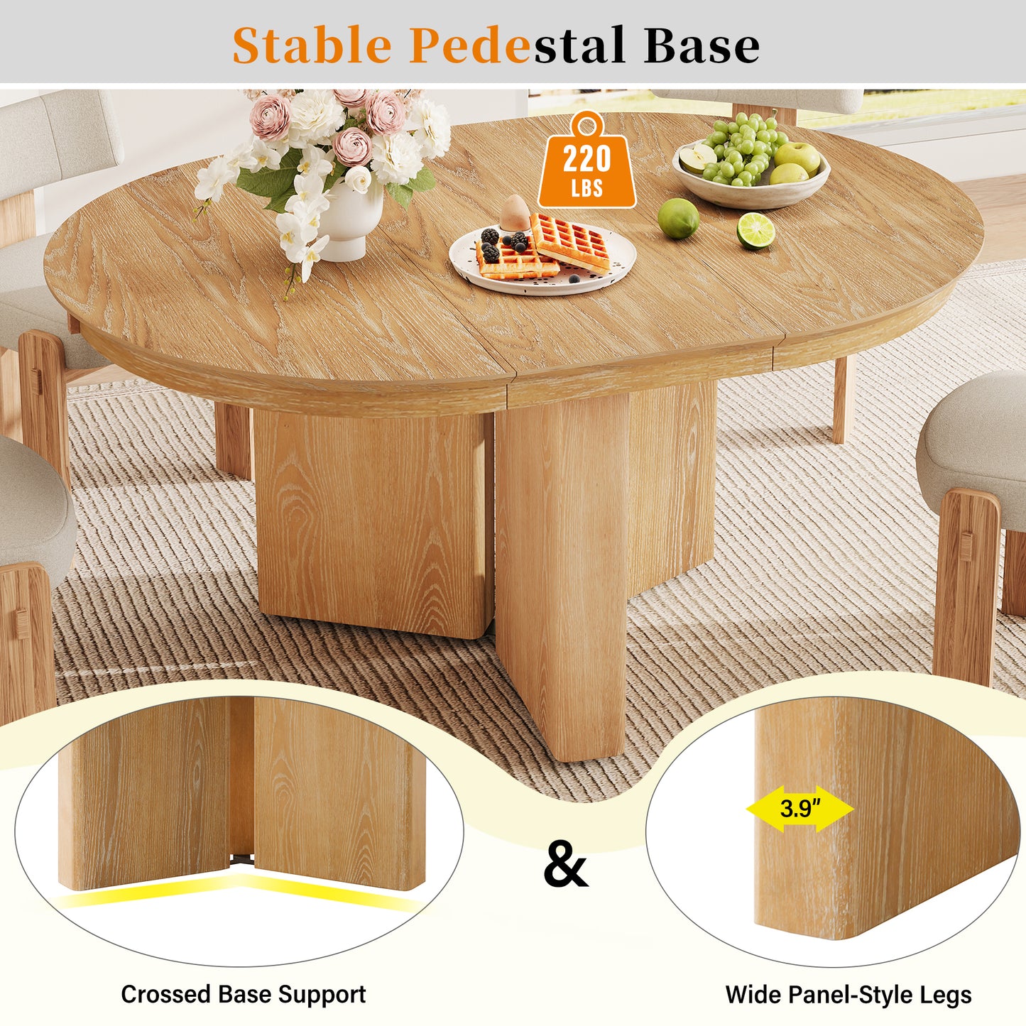 TREXM Oval Extendable Dining Table, Modern Farmhouse Kitchen Table with Pedestal Base and Adjustable Foot Pads for Dining Room, Kitchen (Natural) image 10