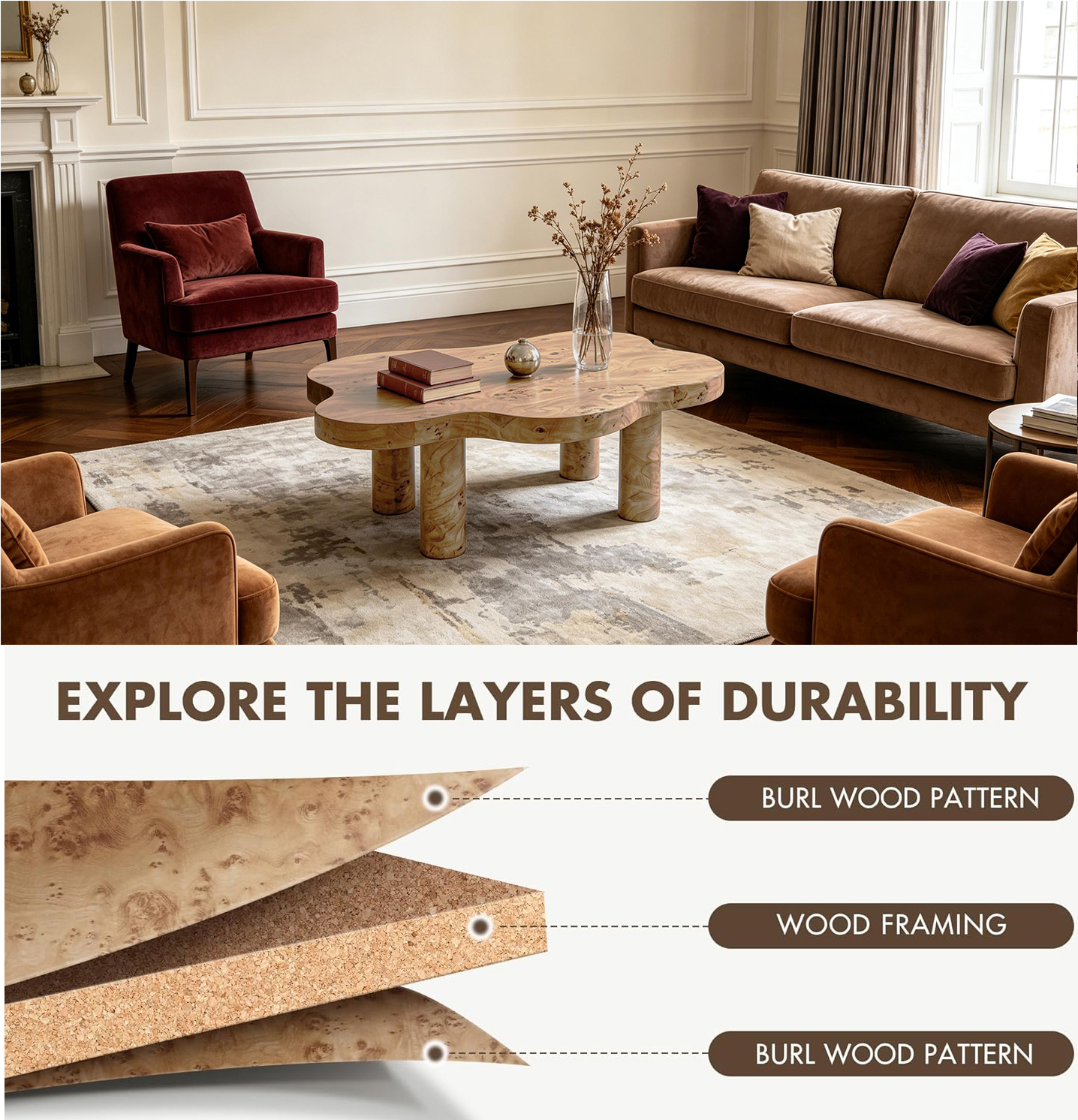 40'' Burl Cloud Coffee Table with 4 Round Legs, Low Profile Modern Coffee Table, Unique Irregular Center Table for Living Room, Apartment, Natural Color image 7