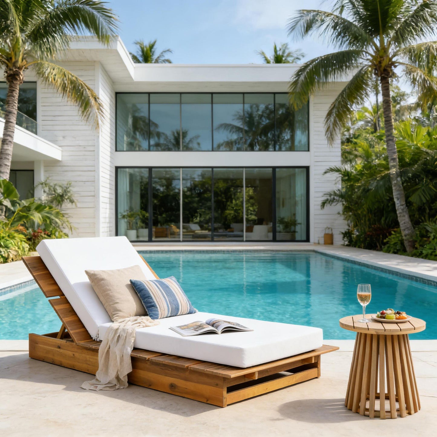 Acacia Wood Chaise Lounge with Movable Cream Cushion – Wide Teak Finish Patio Lounger, 3-Position Recliner, 400 lbs Capacity image 3