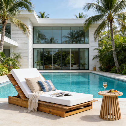 Acacia Wood Chaise Lounge with Movable Cream Cushion – Wide Teak Finish Patio Lounger, 3-Position Recliner, 400 lbs Capacity image 3