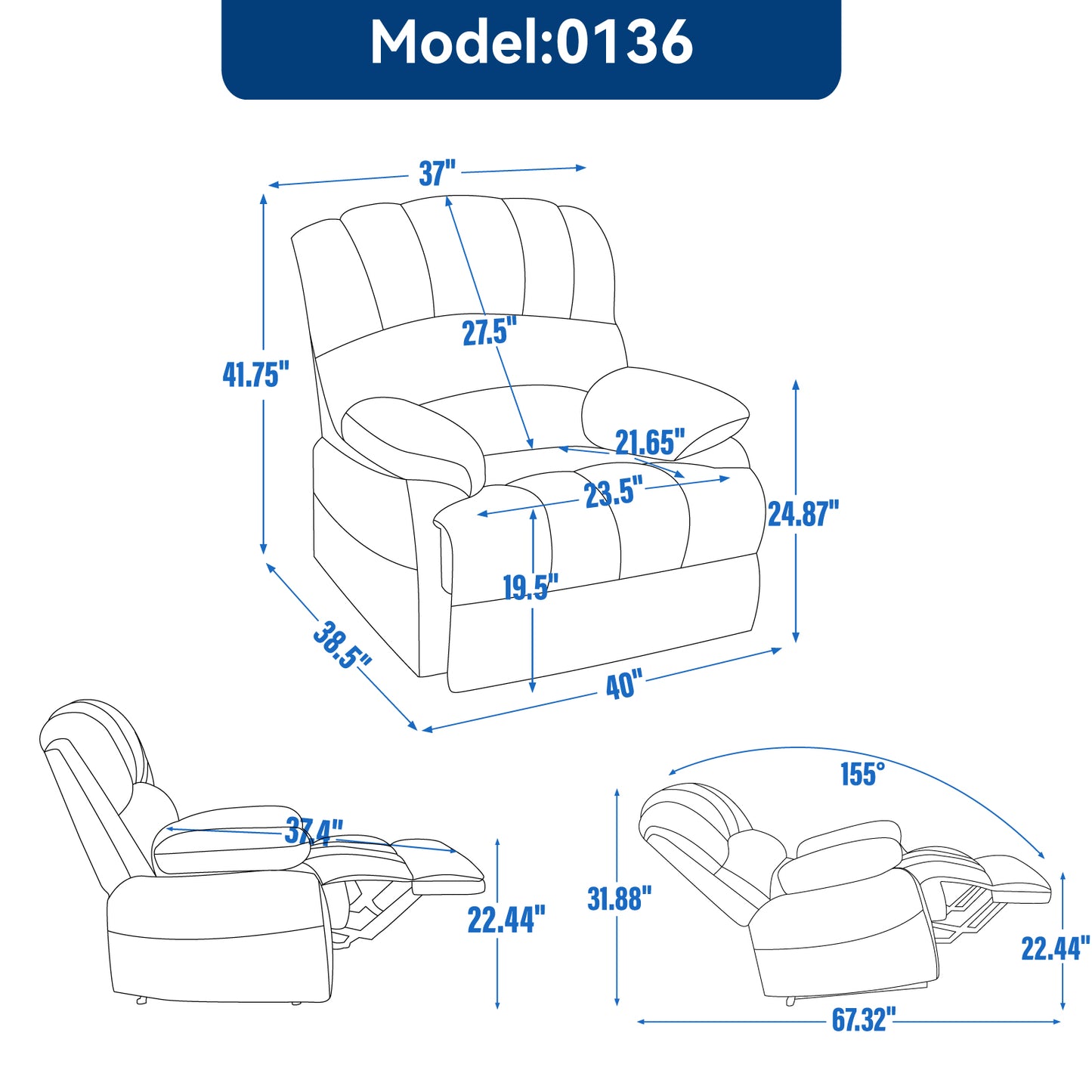 Large Manual Recliner Chair in Fabric for Living Room, Beige image 12
