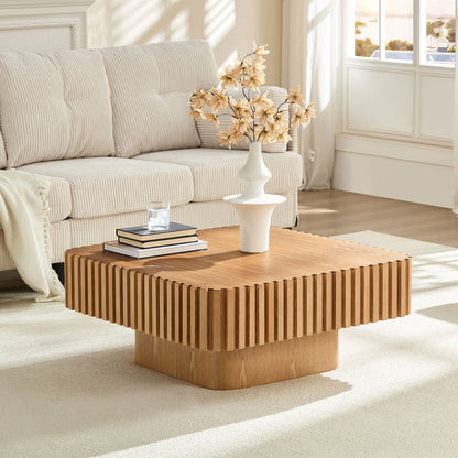 Modern 35.43 Inch Handcraft Drum Coffee Table Square Coffee Table for Living Room,Small Wooden Coffee Table with Sturdy MDF Pedesta,Narual Color image 5