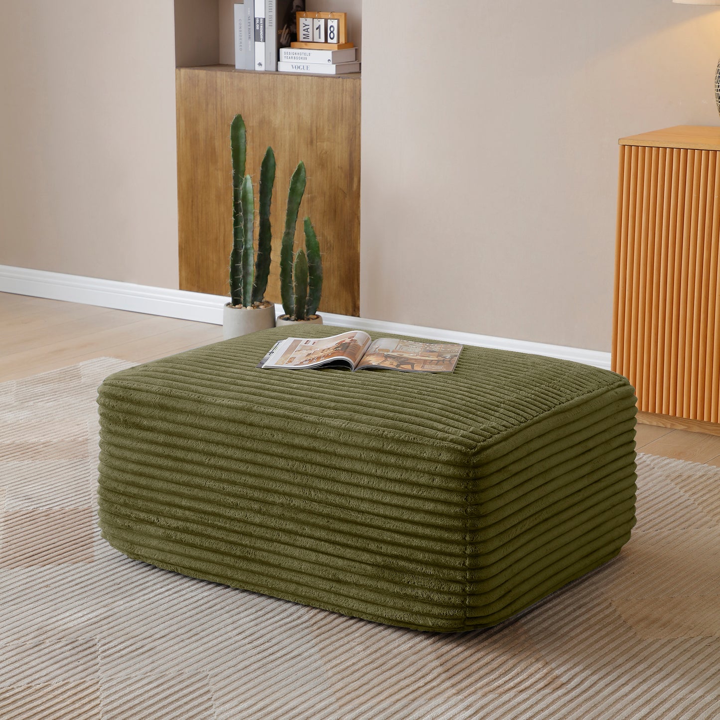 Corduroy Ottoman, Upholstered Cloud Ottoman for Boneless Couch in A Box, Compressed Memory Foam Footrest No Assembly Require,Green image 1