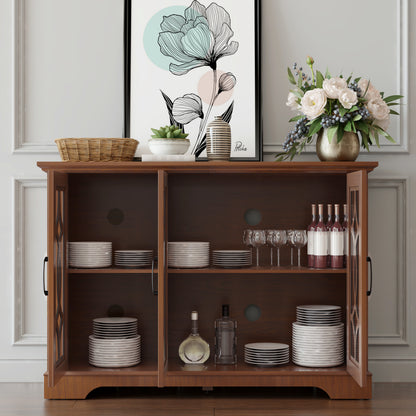 48.66" x 15.55" x 34.06" Spacious size sideboard 3 clear tempered glass doors buffet with adjustable shelf, MDF with dark OAK decorative laminates storage cabinet for dinning room, kitchen,living room image 2