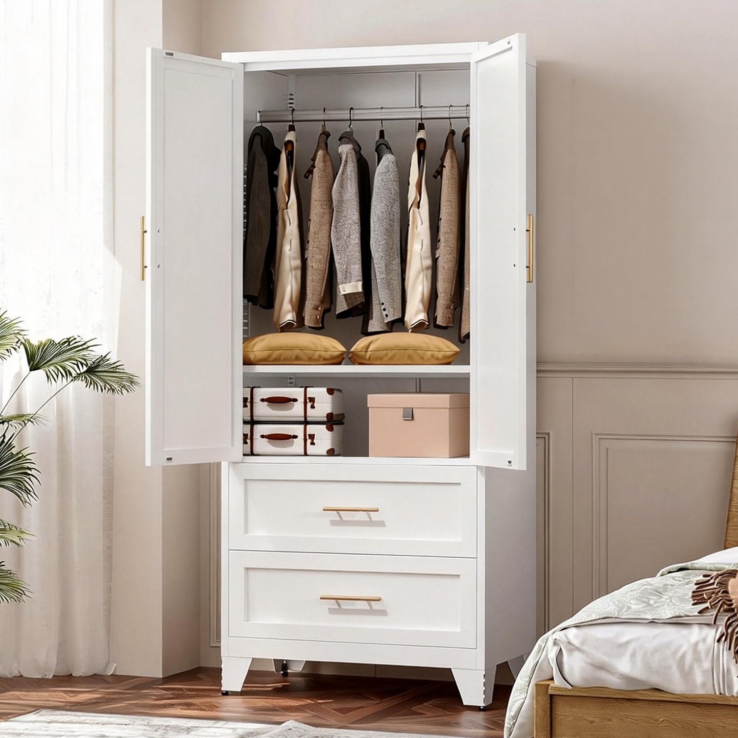 71" Tall Metal Wardrobe Cabinet with 2 Drawers and Hanging Rod, 2 Doors Wardrobe Closet with Shelf for Bedroom, Office, Laundry Room,Entryway,Foyer,Guesthouse (White) image 9
