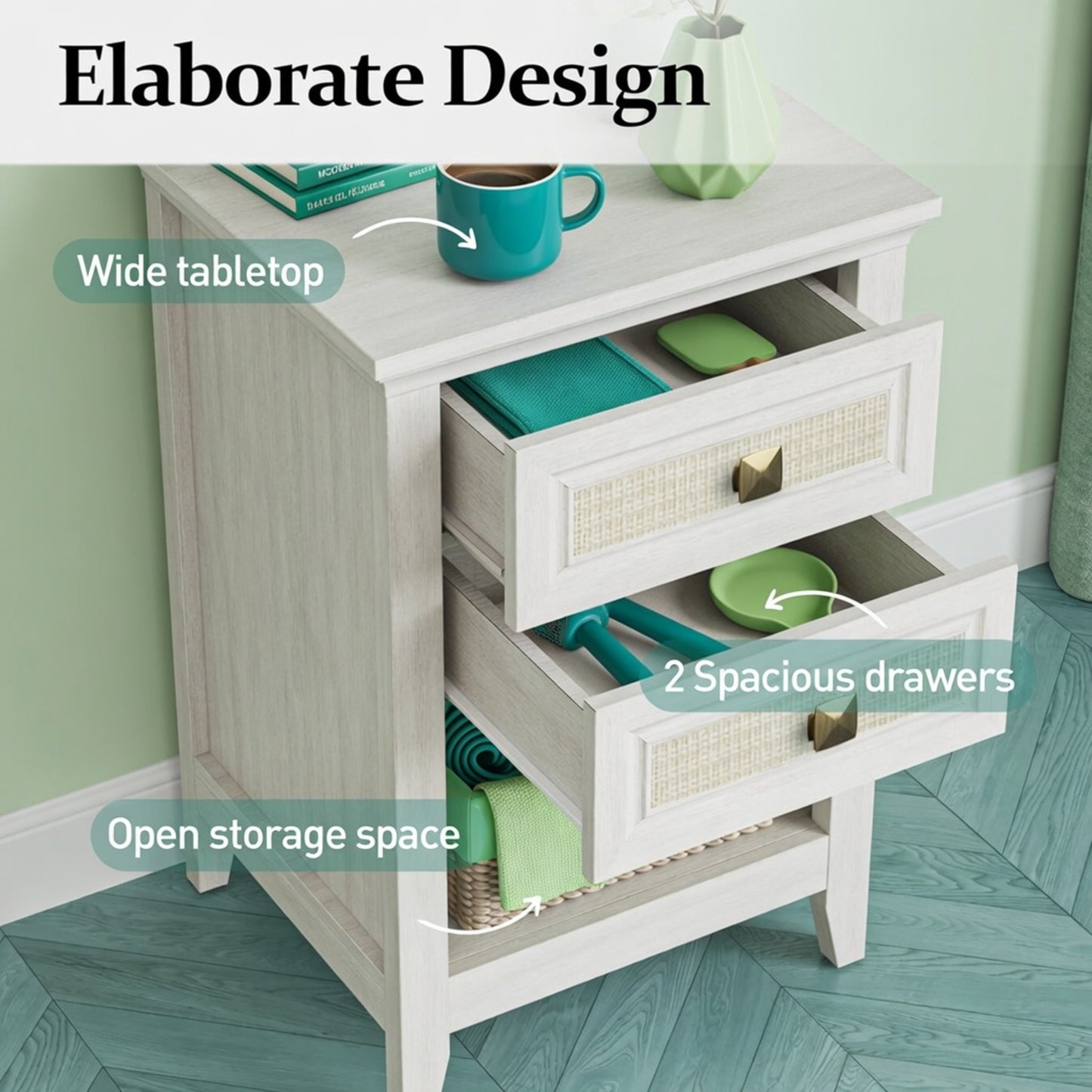 Set of 2 - 17.7" Wide White Rattan Nightstand w/ 2 Drawers - Boho 27" Tall Bedside Table for Small Spaces & Bedroom image 3