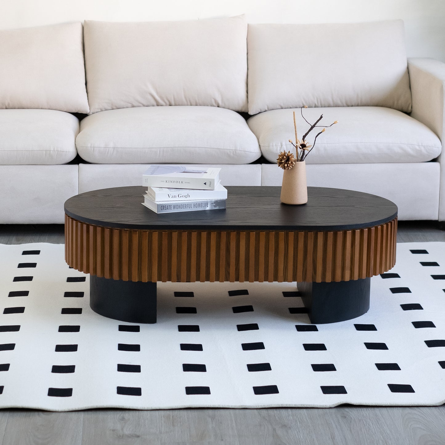 43.7" Oval Coffee Table With Hidden Storage, Fluted Modern Minimalist Wood Coffee Table for Living Room, Oval Center Table, Black + Walnut. image 5