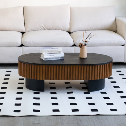 43.7" Oval Coffee Table With Hidden Storage, Fluted Modern Minimalist Wood Coffee Table for Living Room, Oval Center Table, Black + Walnut. image 5