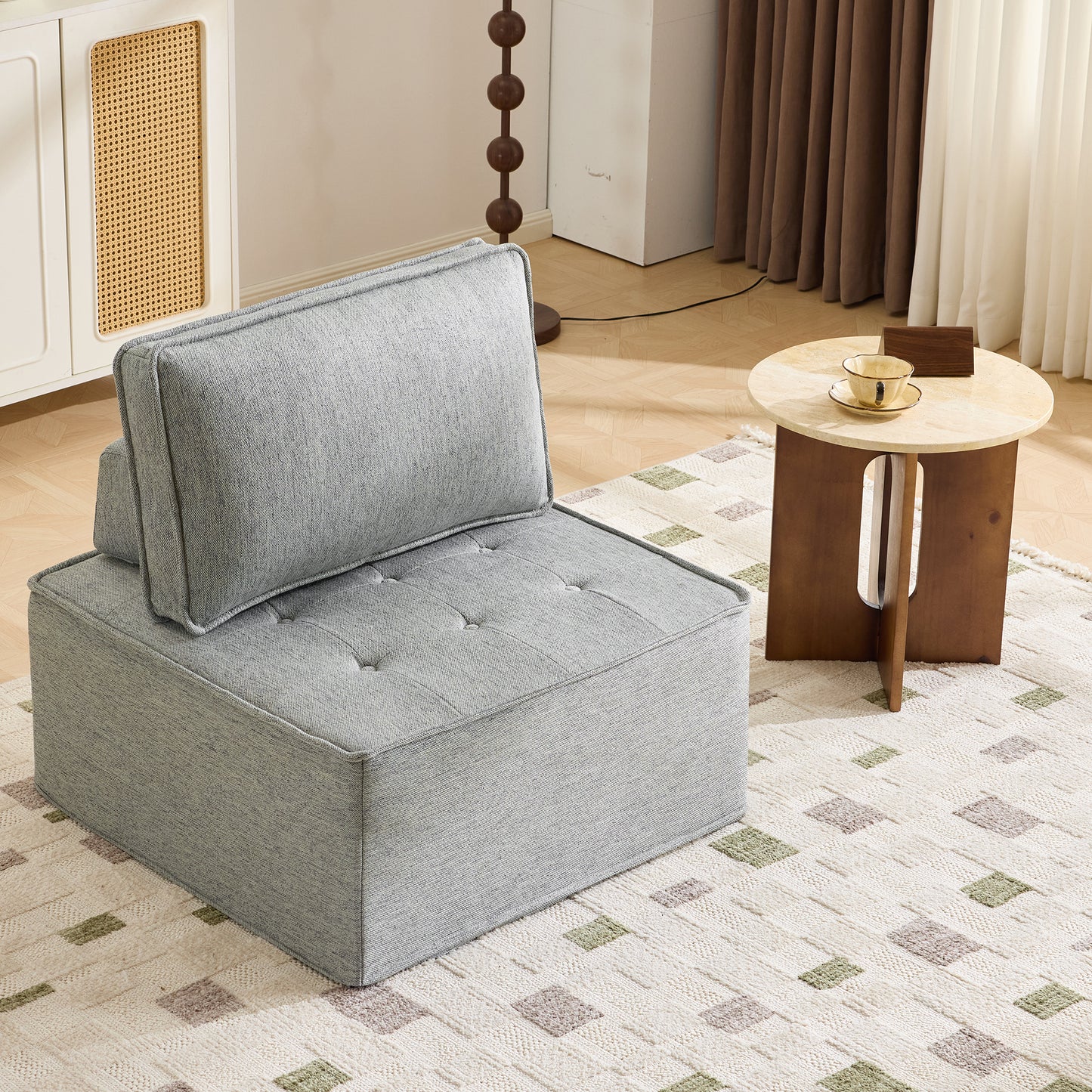 The light gray linen wooden frame sofa can be freely spliced, meeting various needs such as in small apartment living rooms and adapting to various decoration styles." image 1