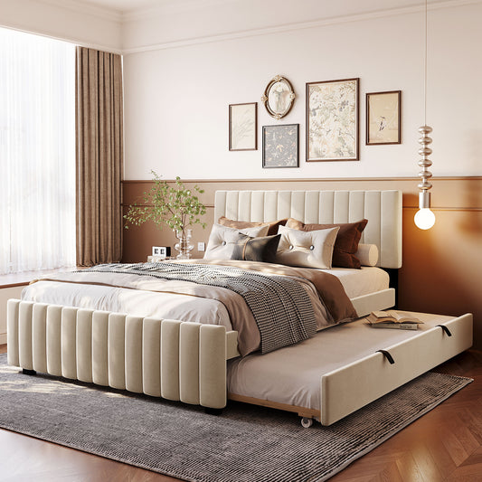 Queen Size Velvet Upholstered Platform Bed with Twin XL Size Trundle, Beige image 1