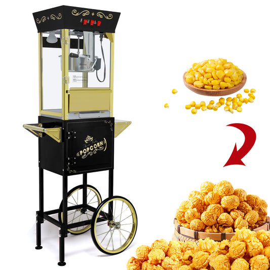 12oz Vintage Popcorn Machine Cart with Wheels - Black Stainless Steel Kettle - Front View
