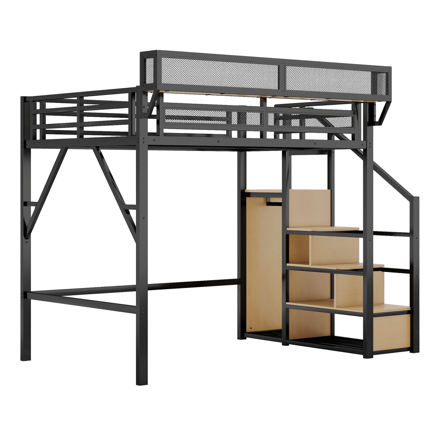 Full Size Loft Bed with Stairs, Metal Full Loft Bed with Storage Shelves, High Loft Bed with Wardrobe for Kids Teens, Black(Old SKU W2580S00029) Patent Products image 3