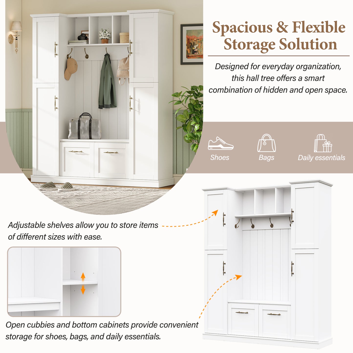 ON-TREND Farmhouse Elegant Hall Tree with 4 Side Cabinets, All-in-One Mudroom Furniture with Adjustable Shelves & Open Cubbies, Beadboard Entryway Bench with Coat Rack & 5 Hooks for Hallway, White image 5