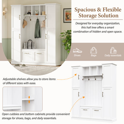 ON-TREND Farmhouse Elegant Hall Tree with 4 Side Cabinets, All-in-One Mudroom Furniture with Adjustable Shelves & Open Cubbies, Beadboard Entryway Bench with Coat Rack & 5 Hooks for Hallway, White image 5