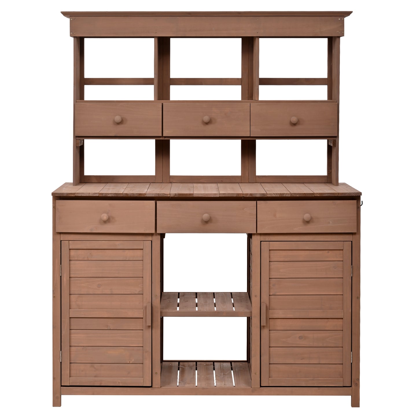 [Assembly Video Provided] TOPMAX 65.7'' H Tall Garden Potting Bench Table with Hutch,Patio Storage Workstation with 3 Shelves,6 Drawers,2 Bottom Cabinets&Side Hooks for Mudroom,Doorway, Brown image 10